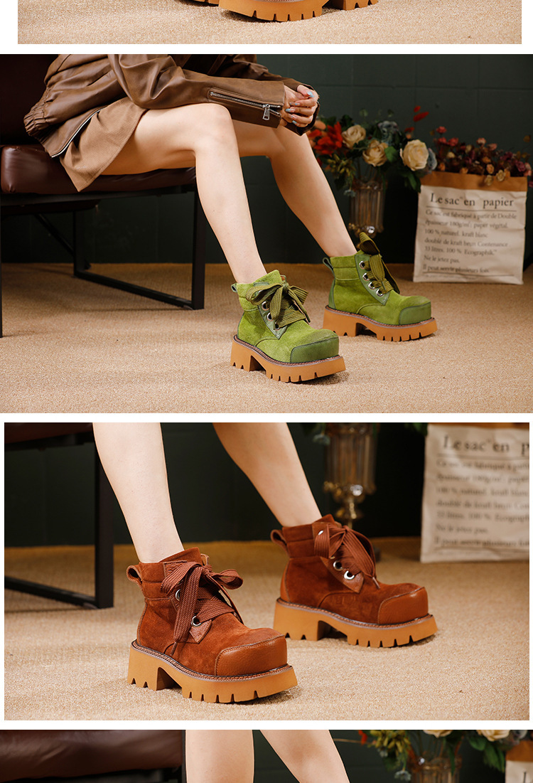 Boot Martin nữ da bò thật buộc dây mũi tròn gót vuông — màu xanh lá cây, nâu