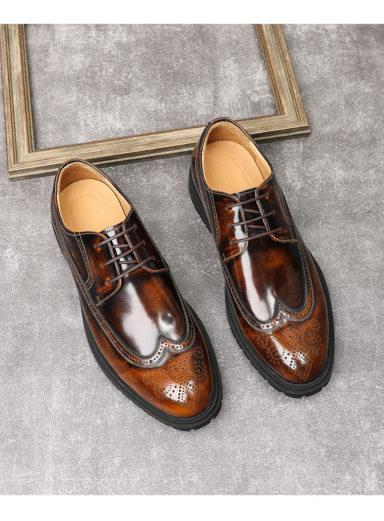 Giày Oxford nam da bò thật bề mặt bóng, đế cao su dày, kiểu brogue lịch lãm — Màu đen, Màu vàng nâu