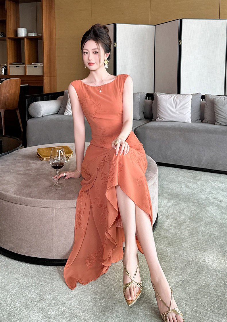 Đầm suông nữ midi cổ tròn không tay phong cách Pháp — [Màu cam] chi tiết 11