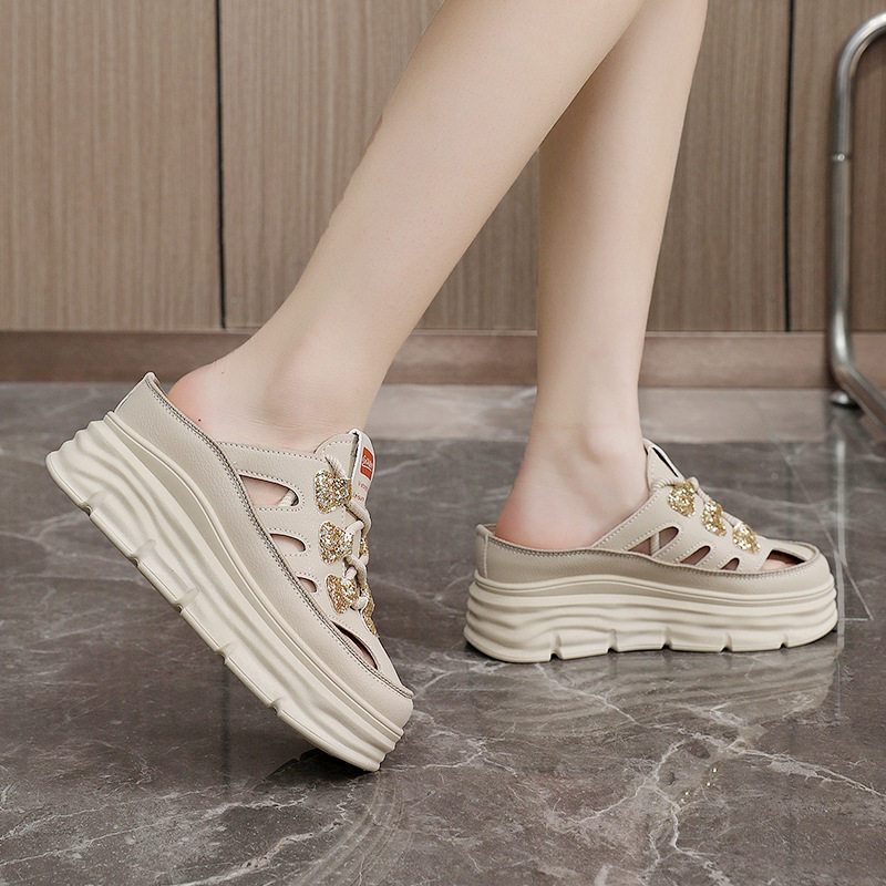 W3650 New Half-Slip Women's 2024 Summer Cut Out Heightening White Shoes Thick-Soled Casual Shoes Women's Sandals Breathable