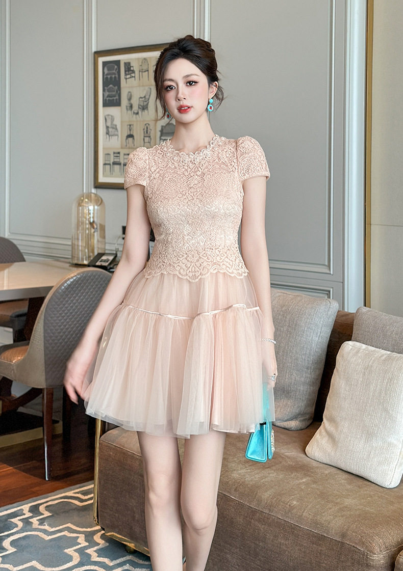 Đầm ren nữ tay ngắn cổ tròn phối lưới dáng suông midi — [Hồng champagne] chi tiết 9
