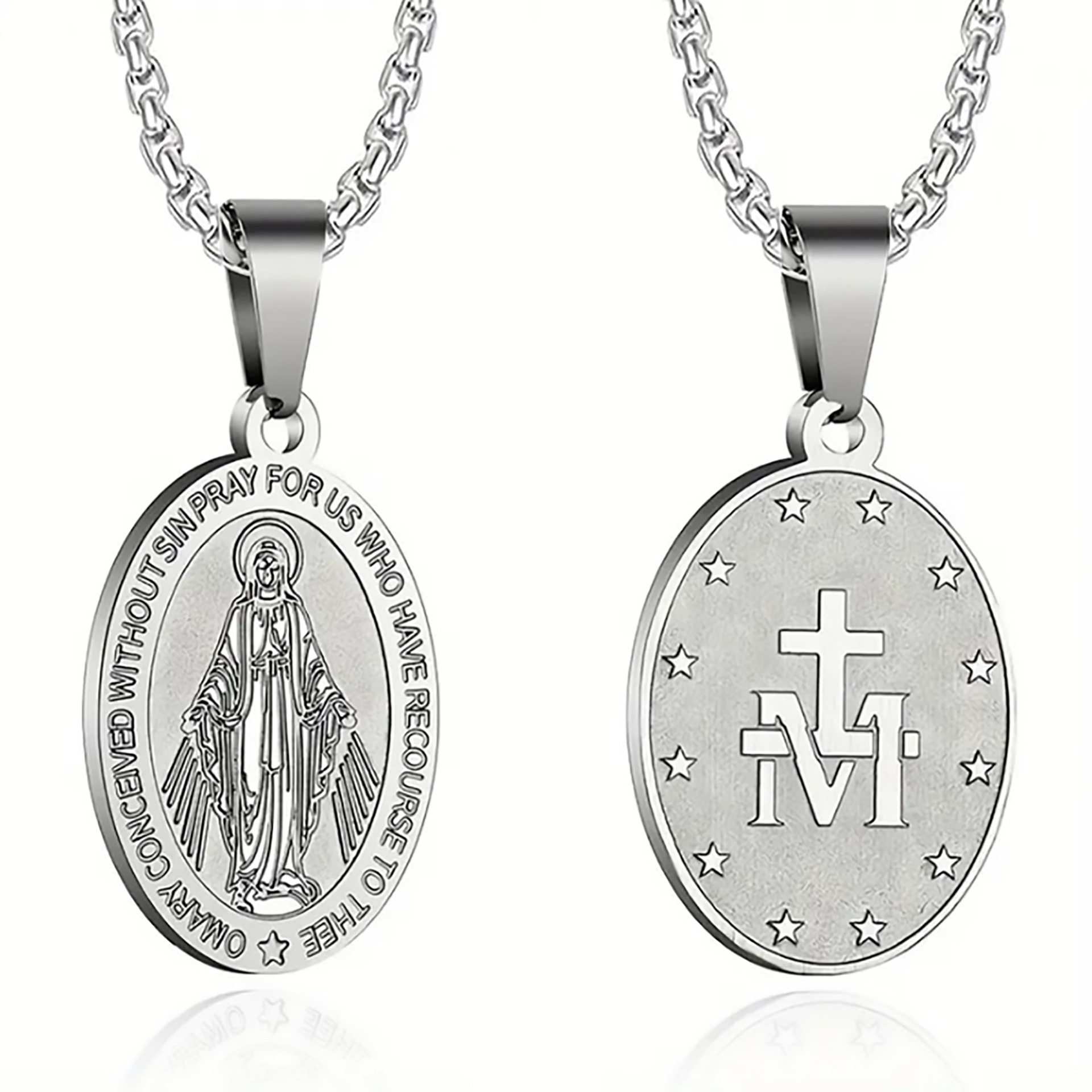 European and American Cross-Border Stainless Steel Double-Sided Logo Oval Agate Virgin Mary Pendant Necklace Unisex Medal