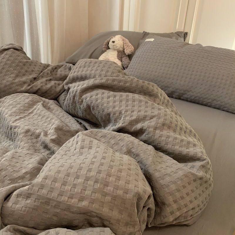 Light Luxury Washed Cotton Waffle Bedding Four-Piece Set Olive Green Duvet Cover Bed Sheet Dormitory Three-Piece Set Wholesale