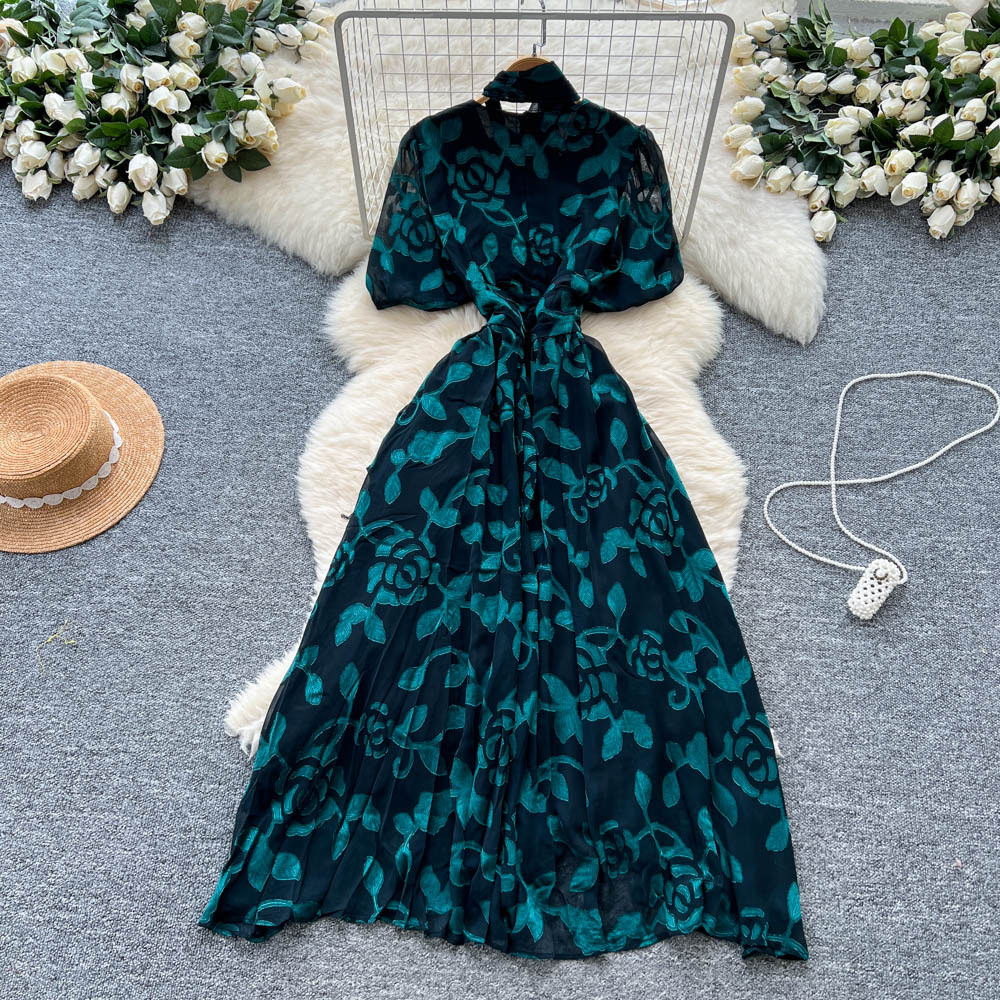 French Style Lantern Sleeve Dress Bow Tie Waist Defined Floral Mesh Elegant and Flowing Perfect for Parties and