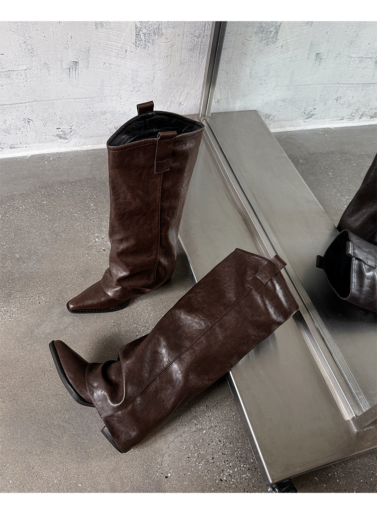 Boot nữ cổ cao gót thô mũi nhọn phối khóa kéo da bò — Lót nhung đen, Lót nhung màu nâu, màu đen, Màu nâu