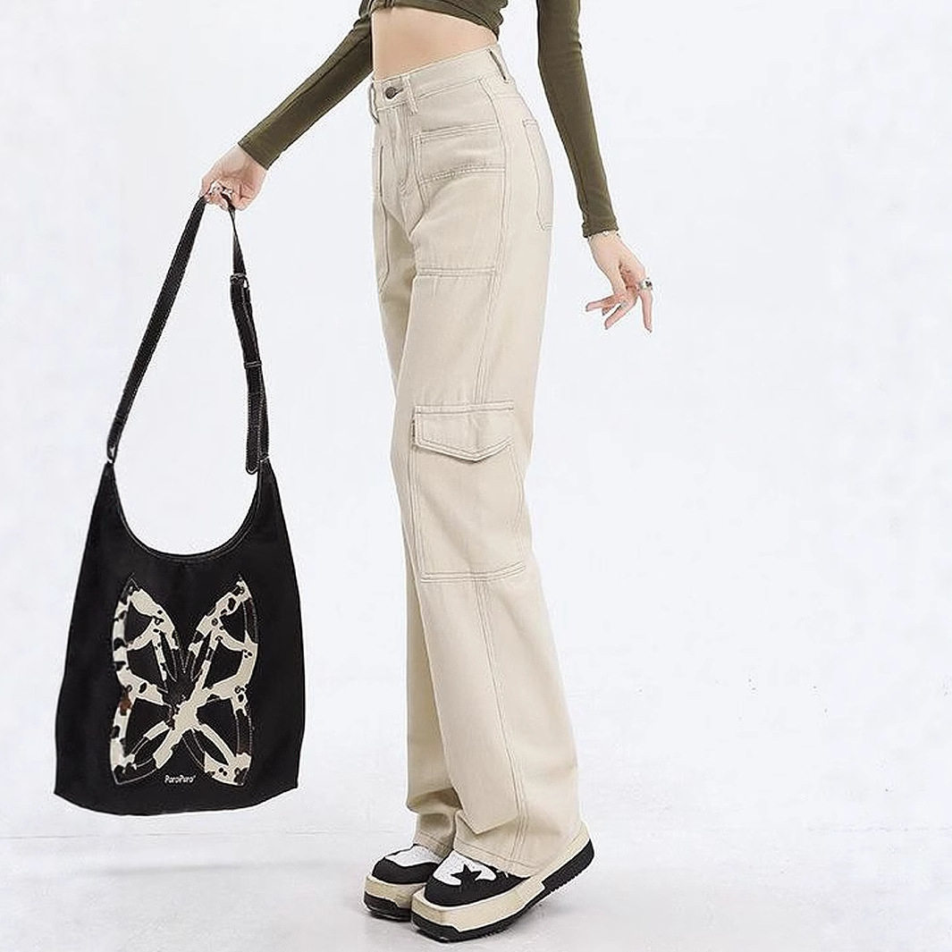 High Waisted Straight Leg Work Pants Loose Fit Wide Leg Large Pockets Casual Denim Trousers for Women Wholesale