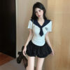 Internet Celebrant Sweet Girl College Style JK Uniform Navy Collar Short-sleeved Slim-fit Top Cake Half-length Skirt Two-piece Set