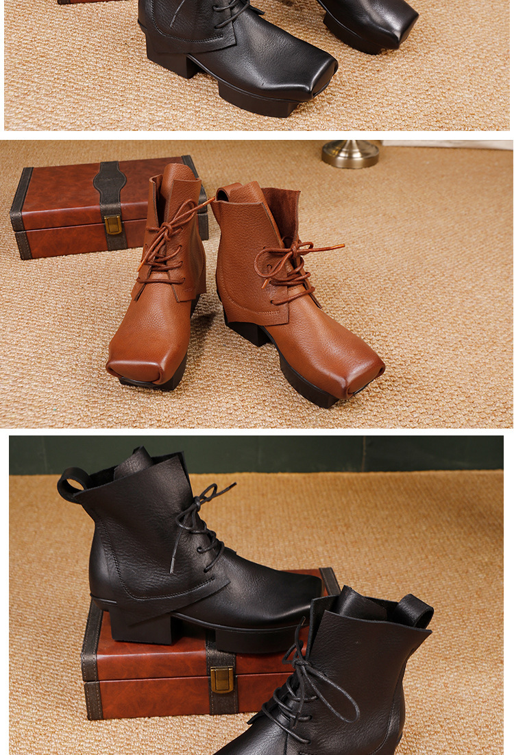 Boot nữ cổ thấp gót vuông da bò thật buộc dây phong cách cổ điển — màu đen, màu nâu