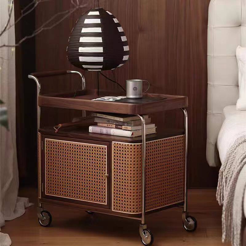 Quiet Style Vintage Storage Trolley Nordic Solid Wood Side Table Living Room Rattan Storage Cabinet Movable Side Cabinet