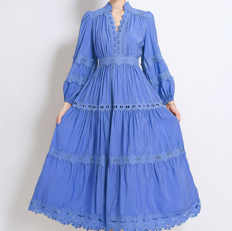 French Court Style Puff Sleeve Dress Hollow Out Lace Cross Neck Design Elegant Long Dress for Autumn Wholesale
