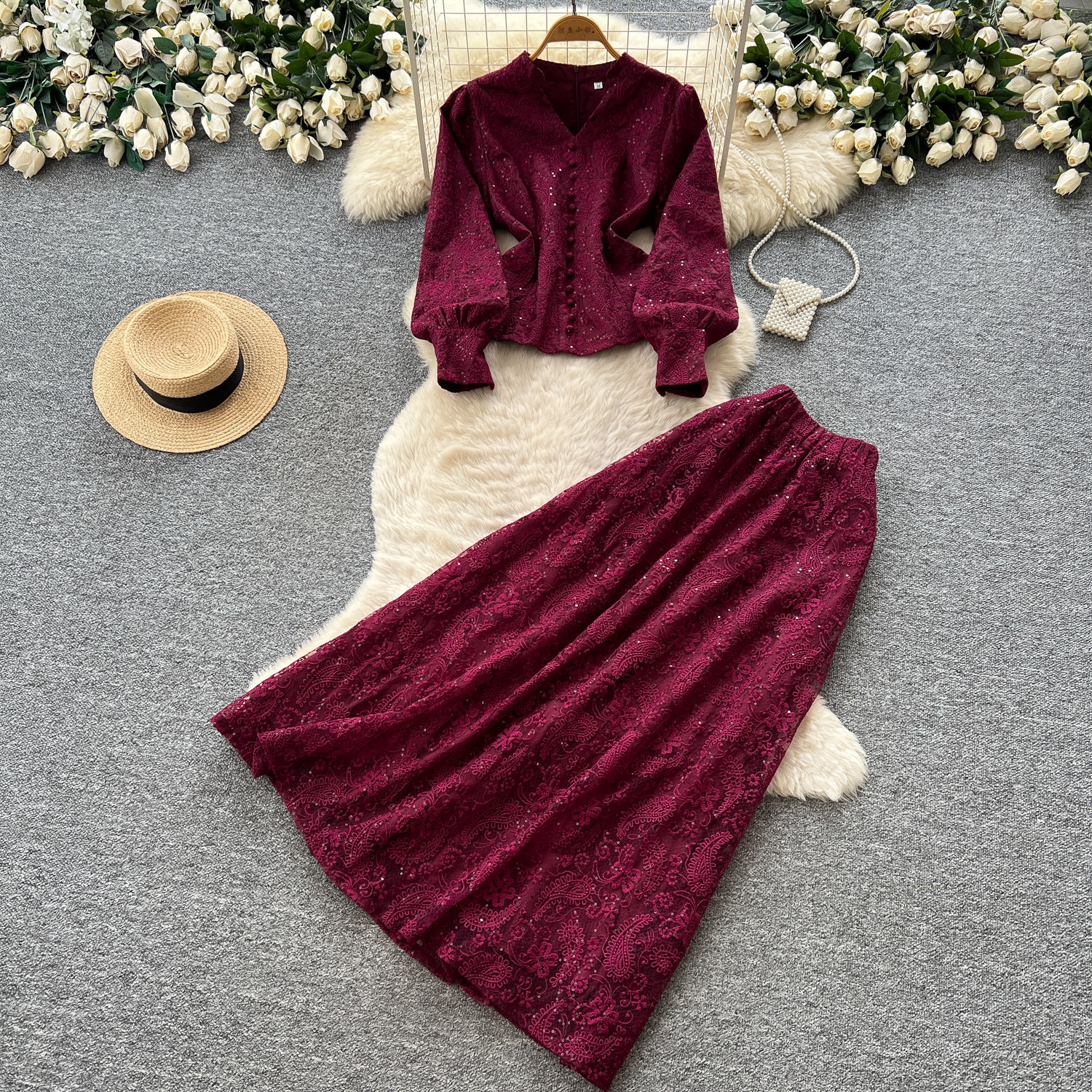 French Elegant Womens Autumn Fashion Set Embroidered Sequined Sheer Mesh Top with Waist Detail High Waisted Skirt