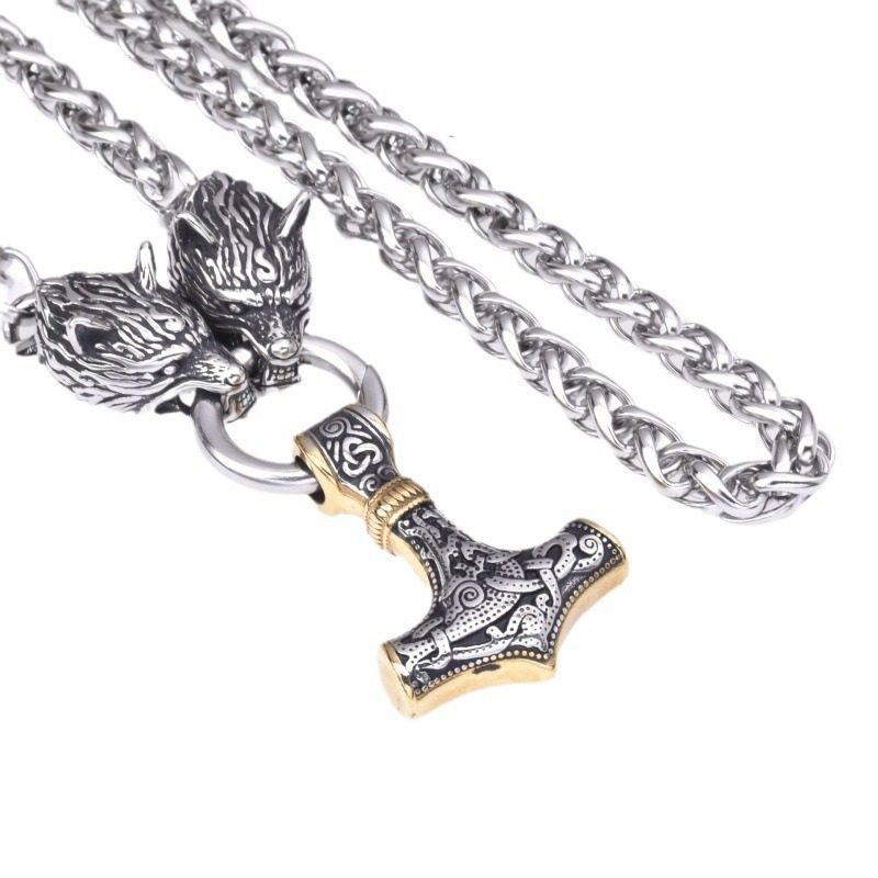 Cross-border Hot Selling Retro Rune Hammer Pendant Wolf Head Necklace Men's Punk Necklace Nordic Norway Jewelry Wholesale