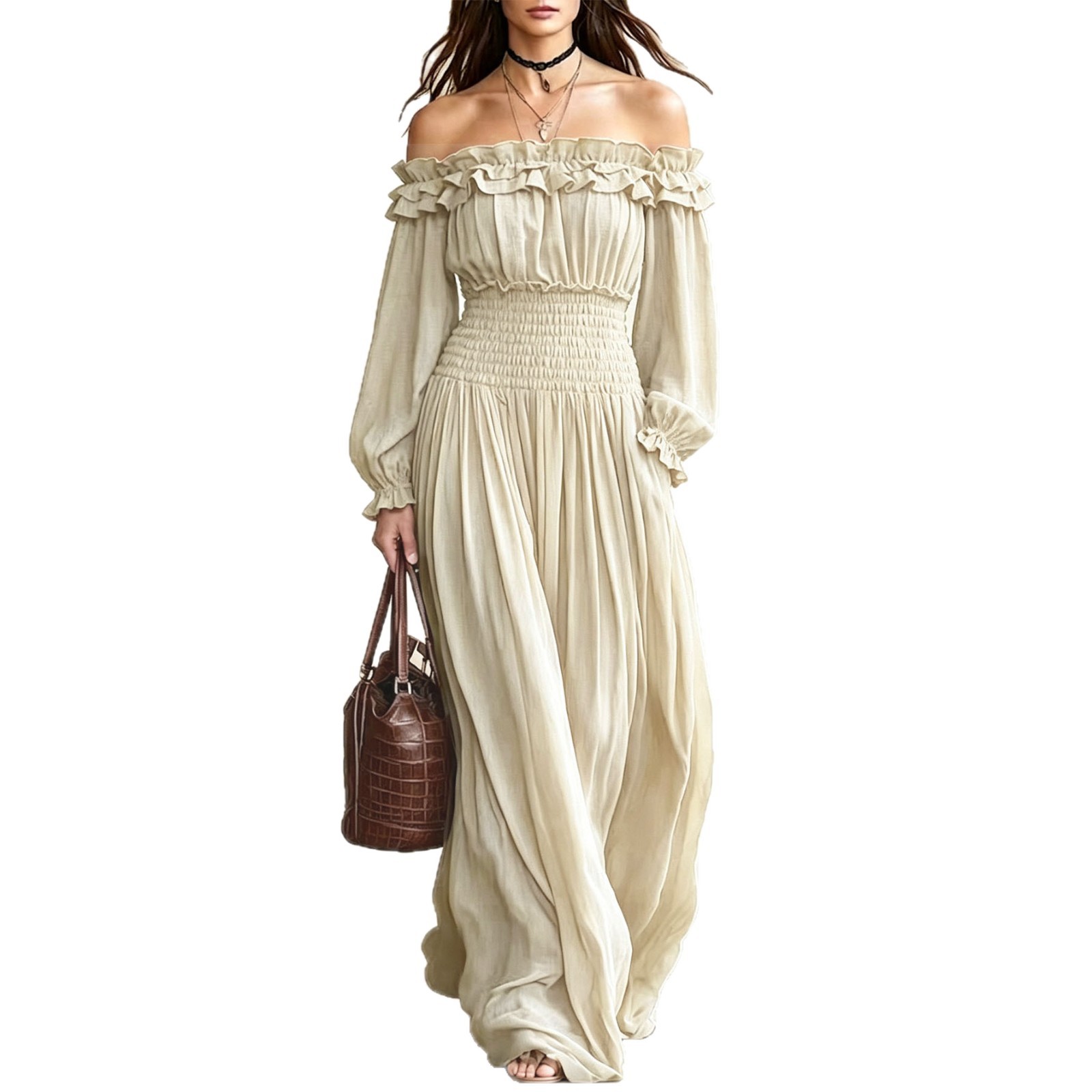 Off Shoulder Ruffled Long Sleeve Dress Waist Defining Autumn Fashion Elegant for Parties and Events Wholesale