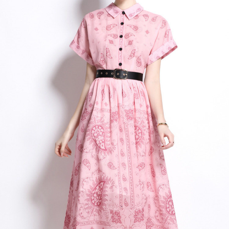 Womens Summer Shirt Dress Lapel Collar Belted Slim Fit Short Sleeve Floral Print Vintage Style for Casual