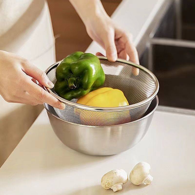 Food-Grade Stainless Steel Basin for Washing Vegetables, Kneading Dough, Baking, Home Kitchen Salad Mixing Bowl, Colander Basket
