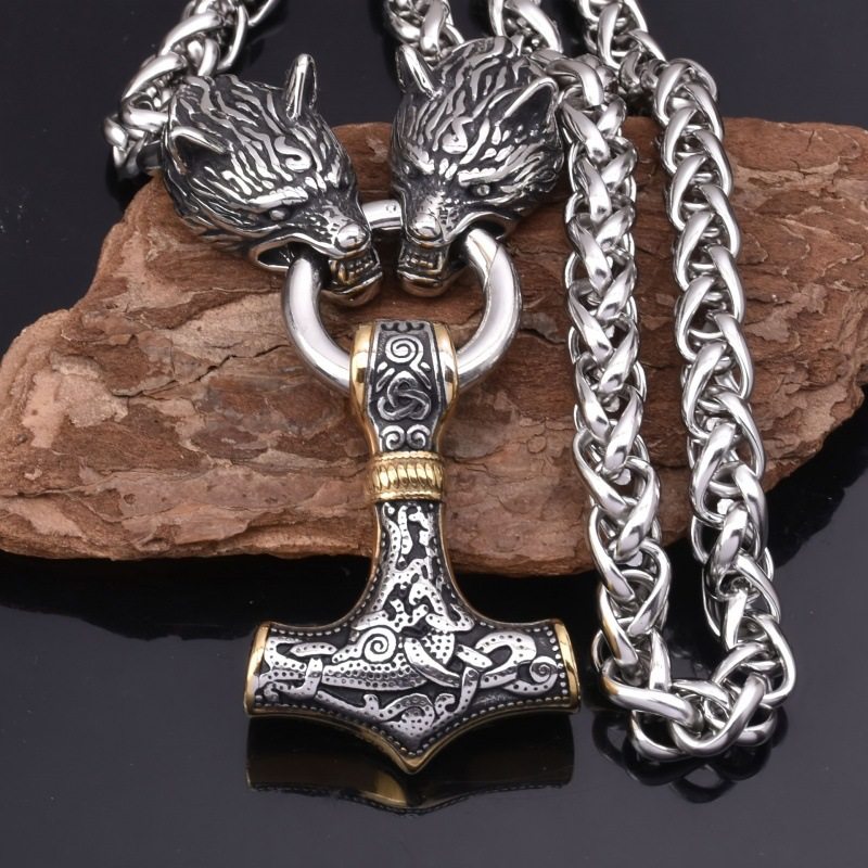 Cross-border Hot Selling Retro Rune Hammer Pendant Wolf Head Necklace Men's Punk Necklace Nordic Norway Jewelry Wholesale