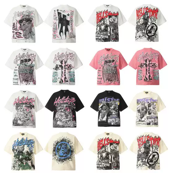 Hellstar Tshirt American Trendy Full-Print Series Iverson James Star Vintage Short-Sleeved T-Shirt for Men