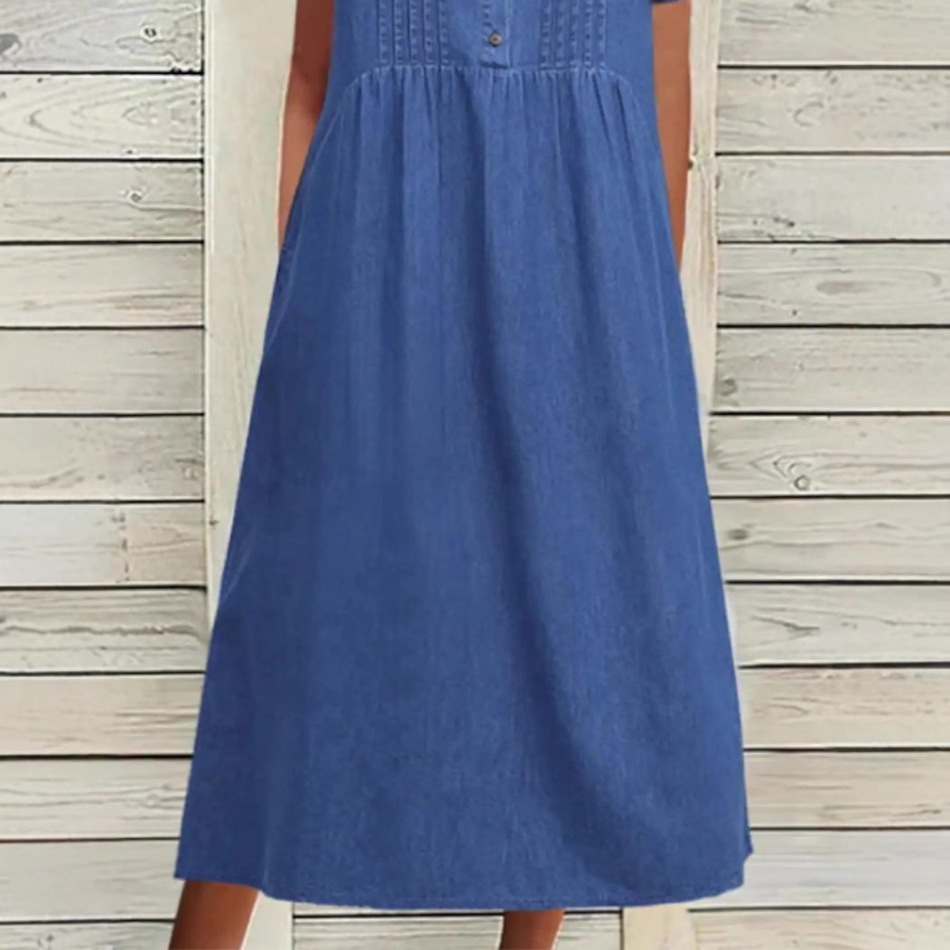 Elegant Denim Midi Dress for Women U Neck Short Sleeve Summer Style Wholesale Available ready to ship