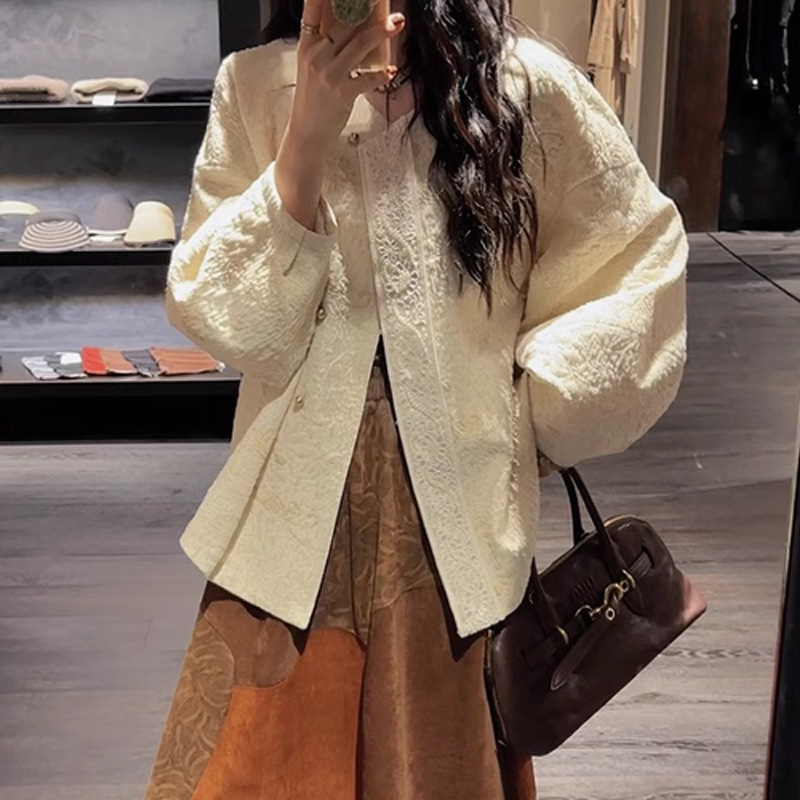 Áo khoác dạ nữ dáng bomber cổ tròn phối màu tương phản — Màu be, Xám nhạt