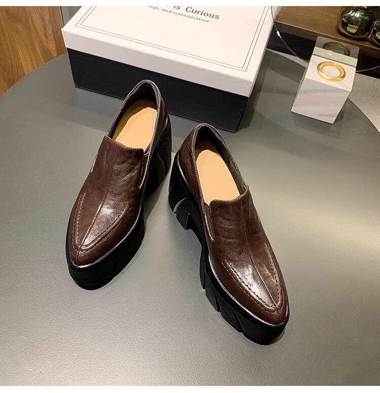 Giày lười nữ mũi nhọn gót thô 10cm đế xuồng da cừu thật — màu đen, Màu nâu