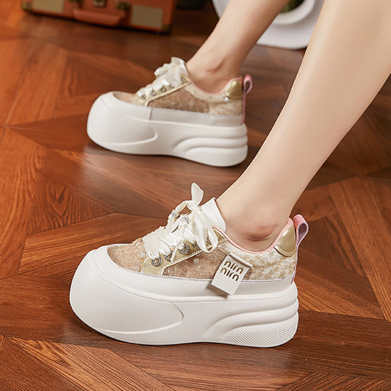 Giày sneaker nữ chunky đế dày trắng platform hở lưng — Hồng vàng, Trắng