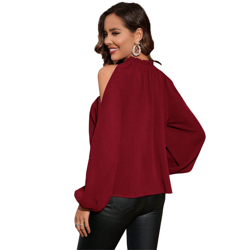 Elegant Burgundy Long Sleeve T Shirt Off Shoulder Round Neck Chic Style Spring Summer Fashion Wholesale Available