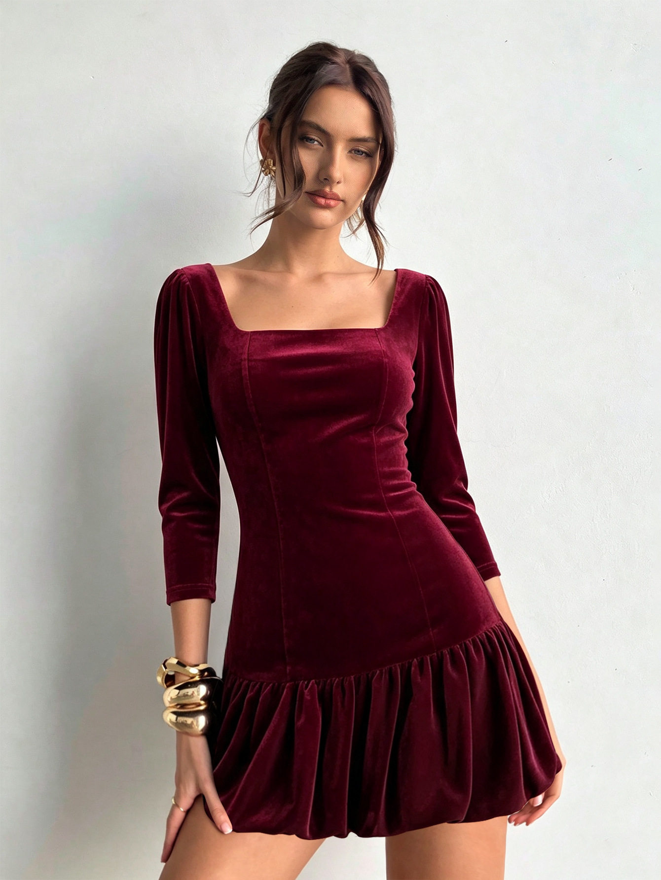 Vintage Wine Red Velvet Dress for Women Flattering A Line Silhouette Ruffled Hem Waist Defining Autumn Winter