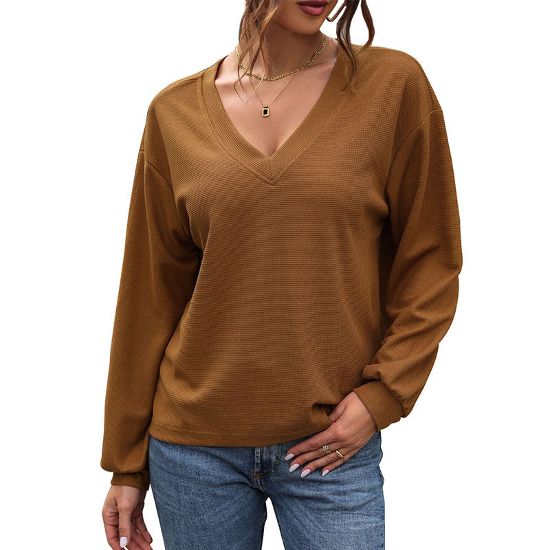 Womens Long Sleeve V Neck T Shirt Waffle Knit Fabric Autumn Fashion Wholesale Available bulk order