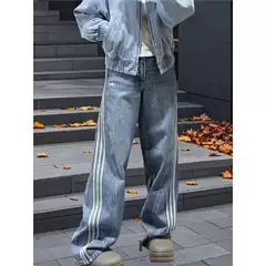 Song Yuqi's Same Style Three-Stripe Retro Jeans for Women, Slimming Loose Wide-Leg Pants, Sporty Washed Straight-Leg Pants 0726