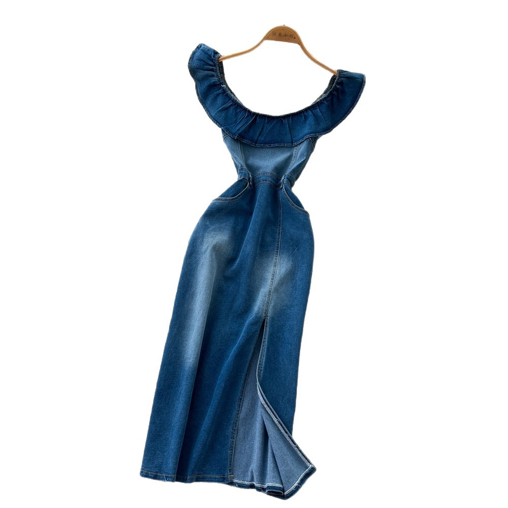 Slim Fit Denim Dress for Women Ruffled Neckline Waist Defined A Line Silhouette Summer Casual Wear Wholesale