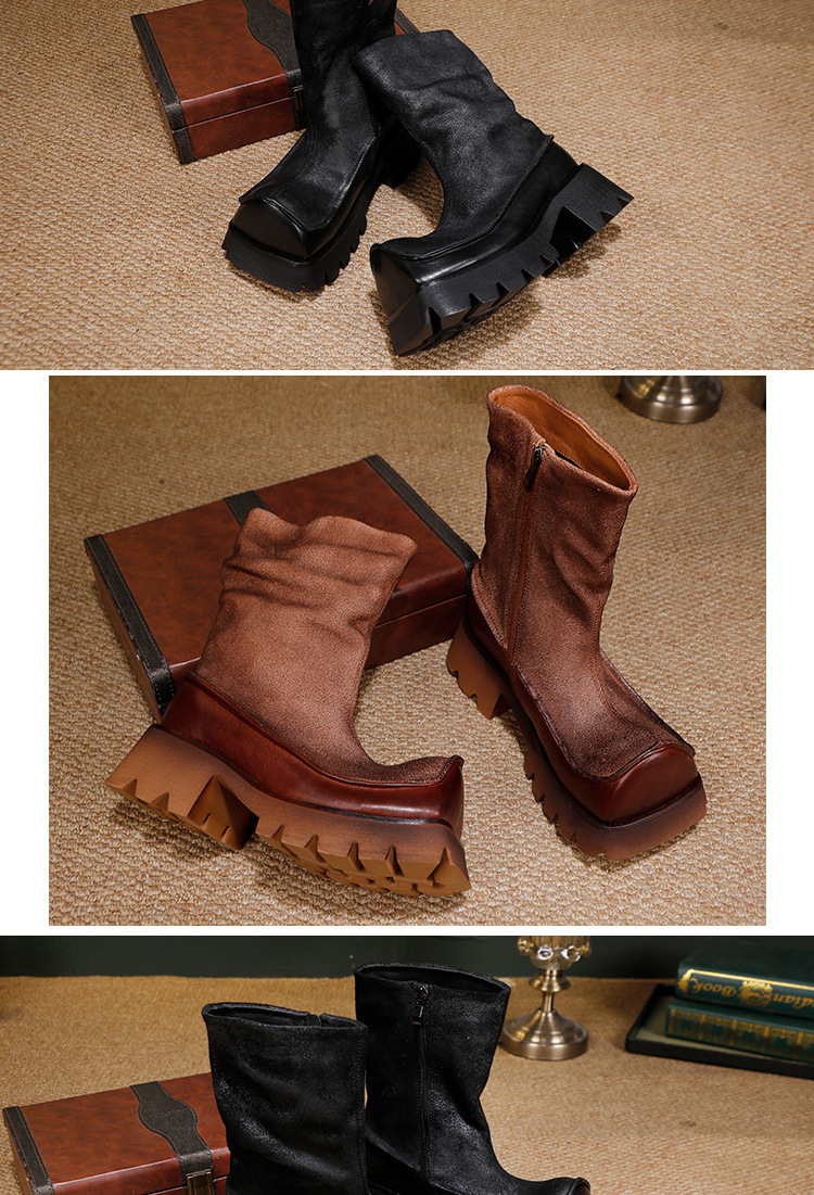 Boot nữ cổ trung da bò thật phối khóa kéo bên hông, thiết kế cá tính phong cách hiện đại — đen, màu cà phê