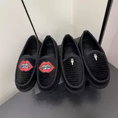 925 Silver Dagger Couple Genuine Leather Black Corduroy Sword Red Lip Round Toe Low Heel Flats Slip-On Loafers