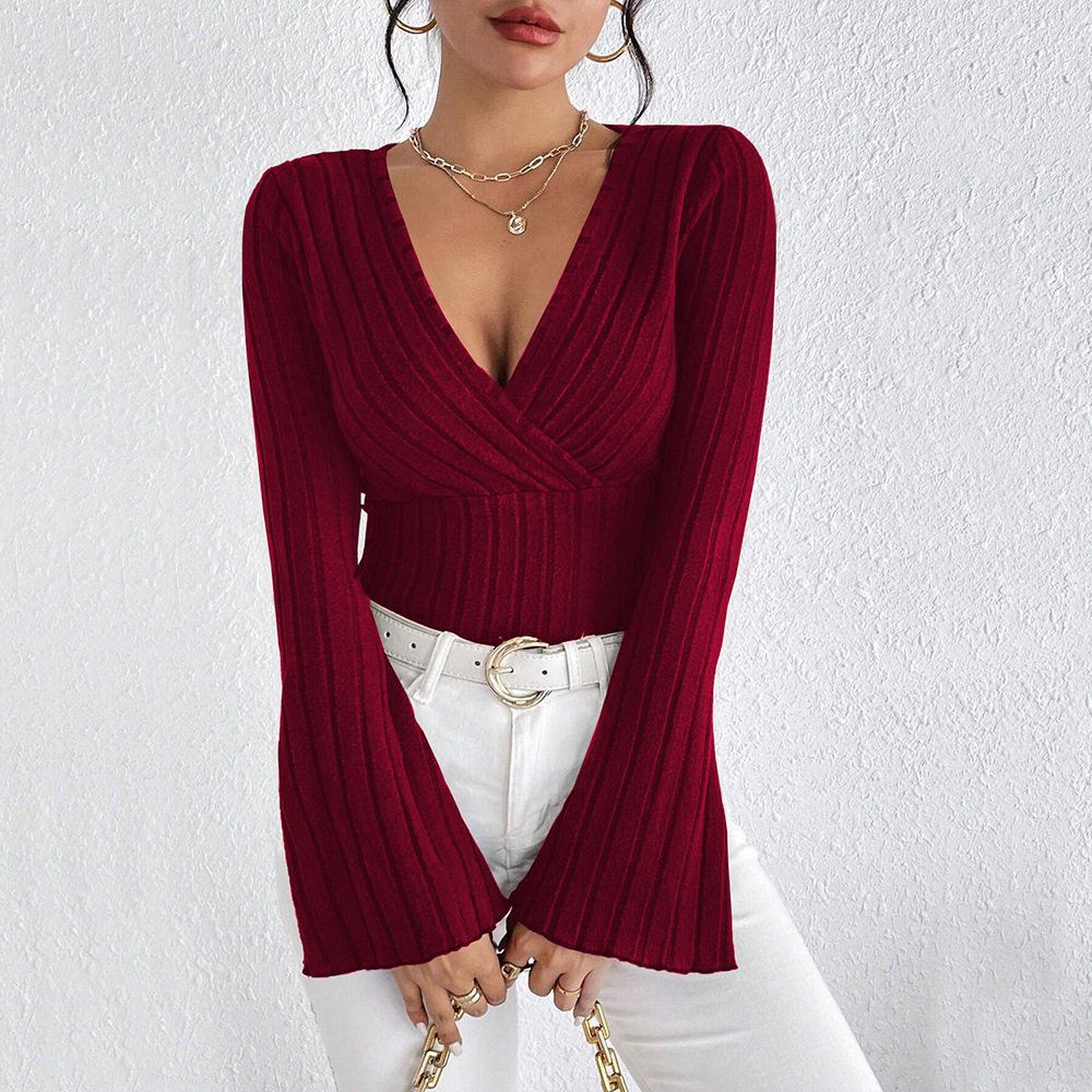 V Neck Bell Sleeve T Shirt Slim Fit Burgundy Color Spring Summer Style Wholesale Available private label