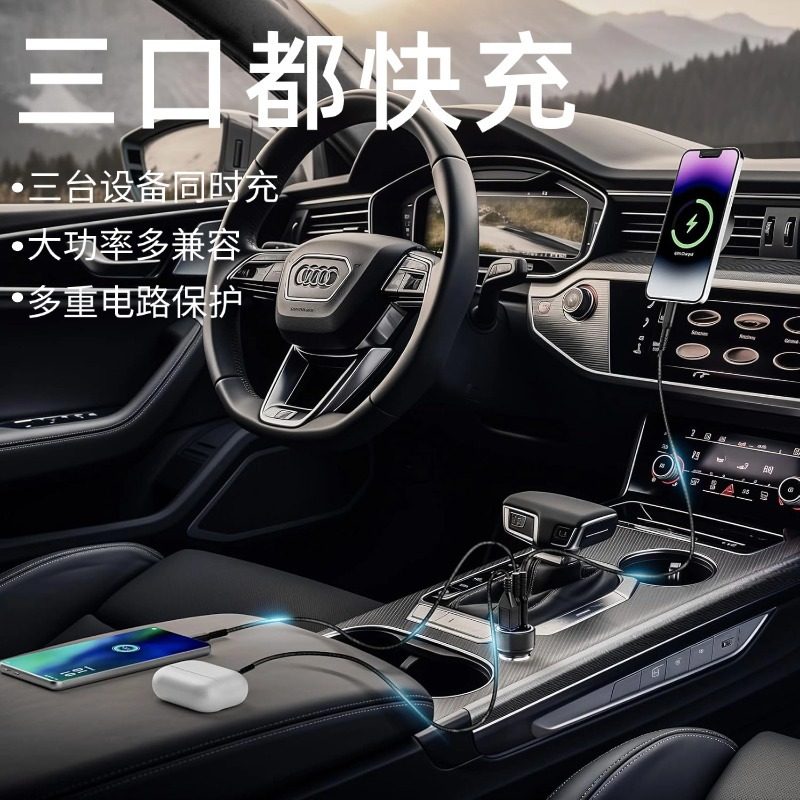 Cross-border new car charger super fast charging one drag three metal cigarette lighter plug fast charging car charger