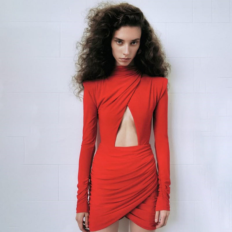 Bodycon Dress Hollow Out Design Shoulder Pads Long Sleeve Solid Color Elegant for Parties and Events Wholesale