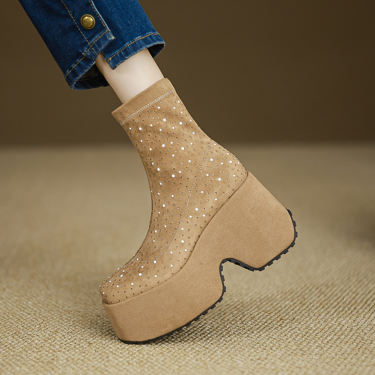 Boot nữ cổ thấp gót siêu cao 11cm đế xuồng đính đá pha lê — Lớp lót đơn màu be, Lớp lót đơn màu đen, Lót nhung đen, Lót nhung màu be