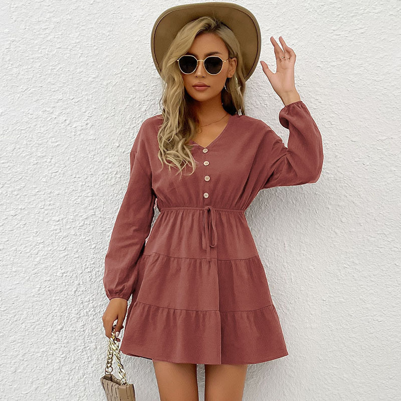 Casual Long Sleeve Dress Solid Color Slim Fit Pleated Design Autumn Winter Fashion Wholesale Available