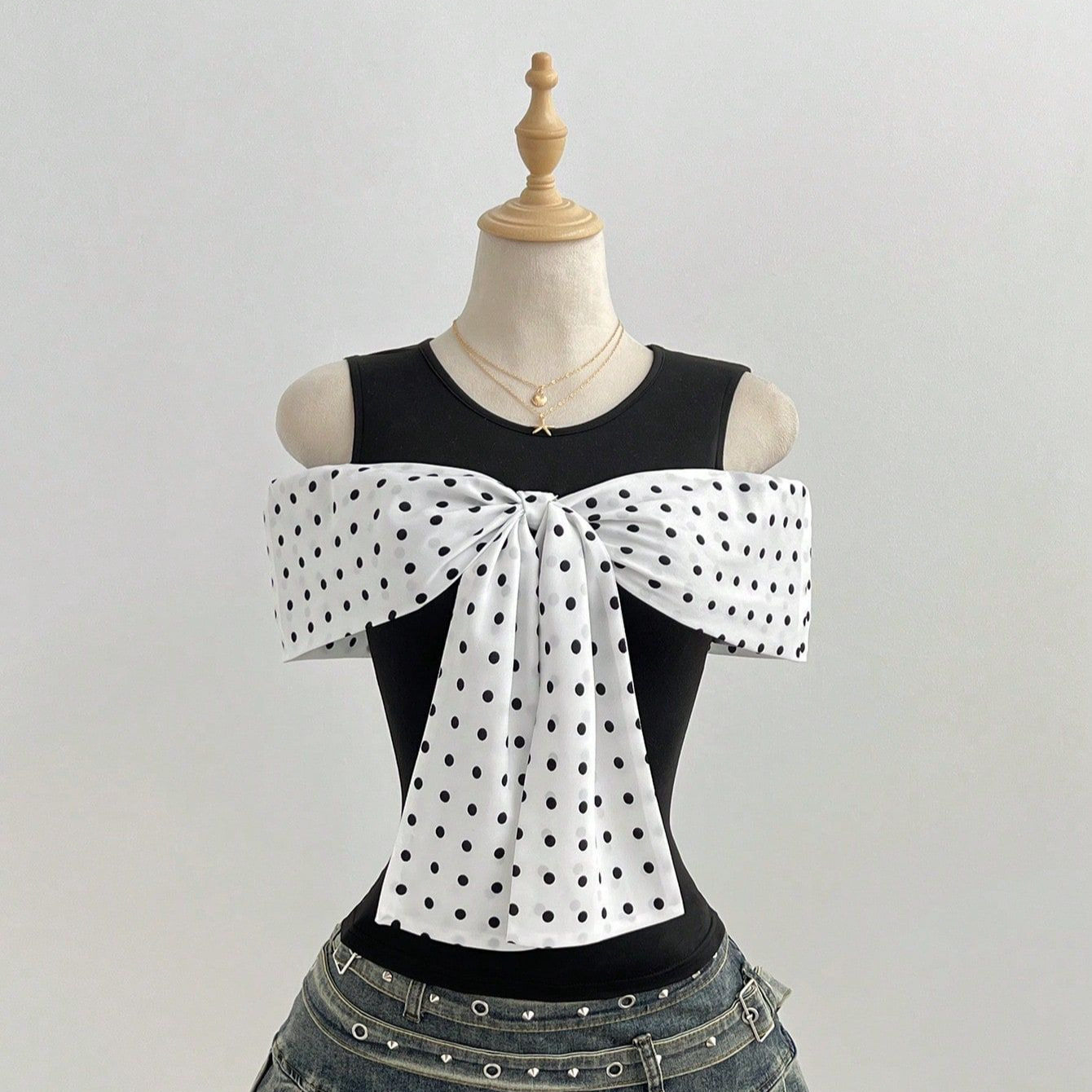 Summer Womens Fitted T Shirt Short Sleeve Bow Tie Detail Polka Dot Print Casual Wear Ready to Ship