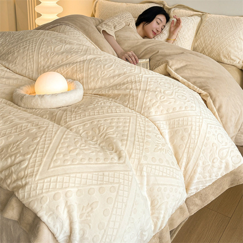 Light Luxury High-end Carved Milk Velvet Bed Four-piece Set Winter Coral Velvet Double-sided fleece-lined Bed Sheet Quilt Cover Three-piece Set