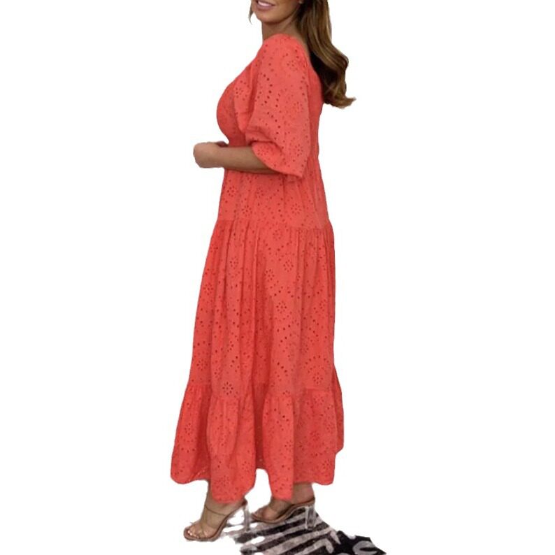 Summer Womens Dress Solid Color Hollow Out U Neck Puff Sleeve Casual or Party Wear Wholesale Available