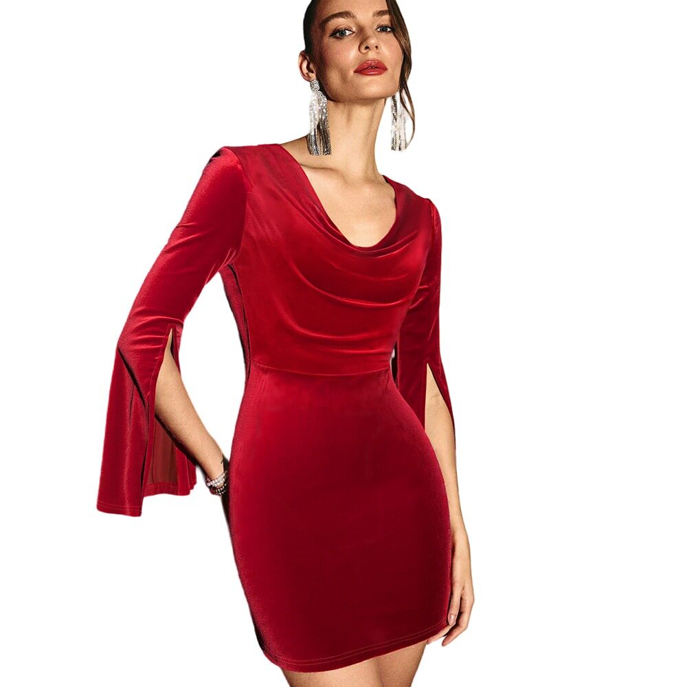 Velvet Burgundy Dress Elegant Slim Fit Spring Summer Style Perfect for Parties and Special Occasions Wholesale