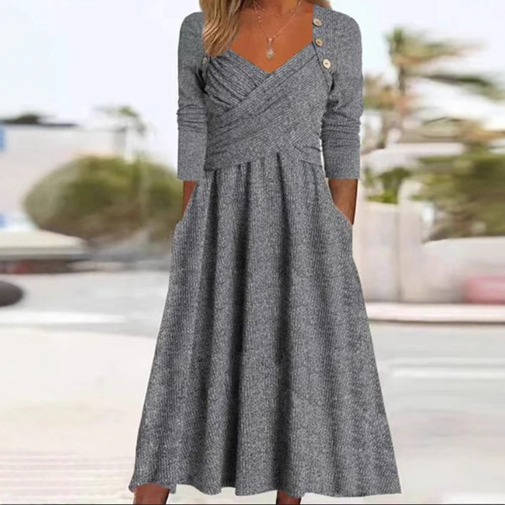 V Neck Long Sleeve Casual Dress Solid Color Autumn Winter Style Perfect for Everyday Wear Wholesale Available