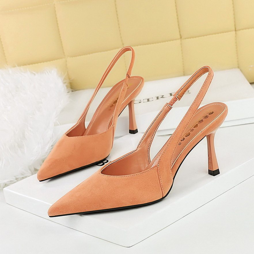 Giày Cao Gót Nữ Hở Gót Da Mờ Mũi Nhọn Chiều Cao Đế Khoảng 7cm Màu Đen, Vàng, Cam, Da Báo...