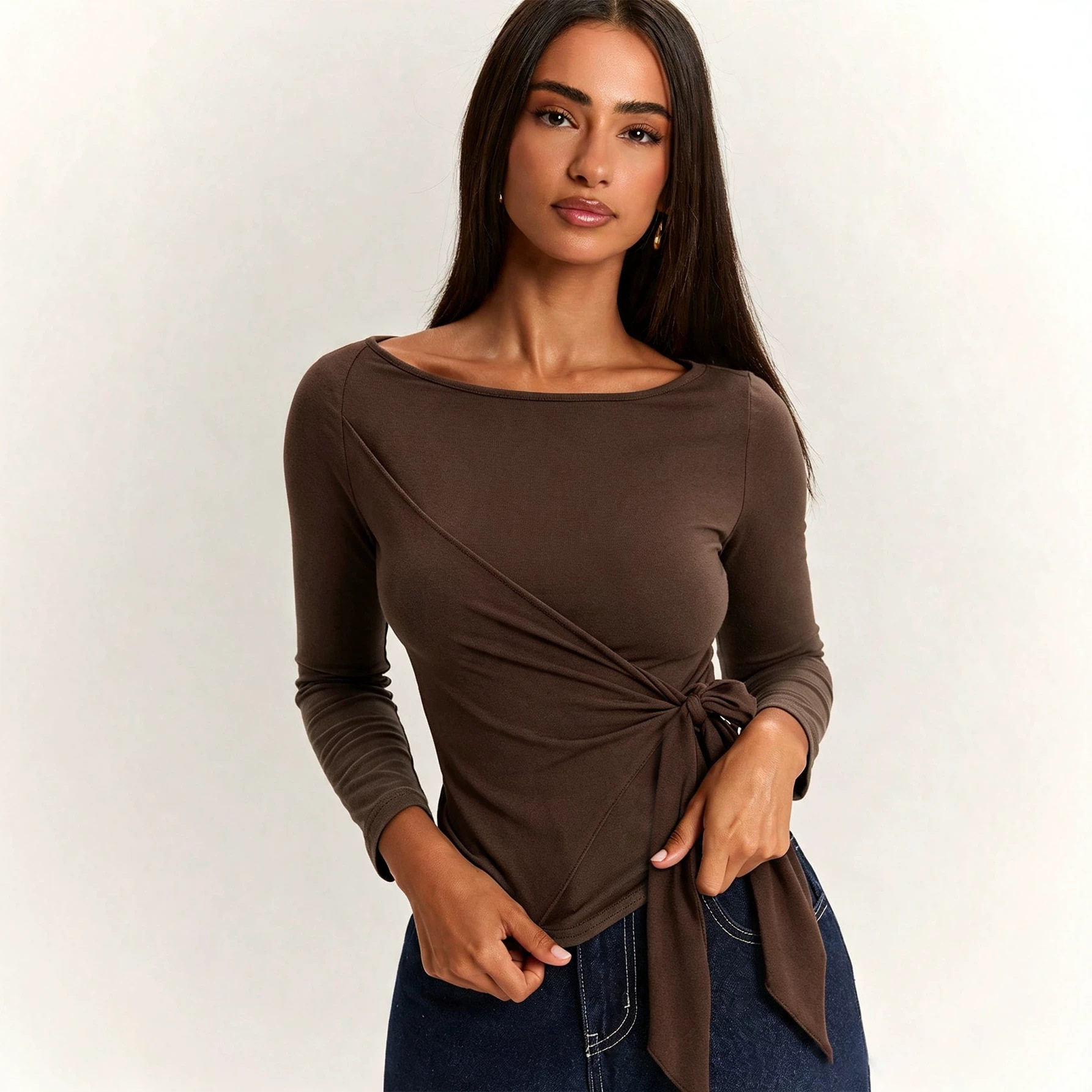 Vintage Off Shoulder Long Sleeve T Shirt Side Tie Waist Cinching Asymmetrical Hem Casual Wear Wholesale Available