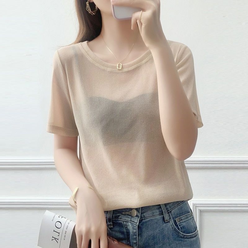 Sheer Mesh T Shirt for Women Short Sleeve Loose Fit Ice Silk Fabric Casual Layering Top for Everyday Wear Wholesale
