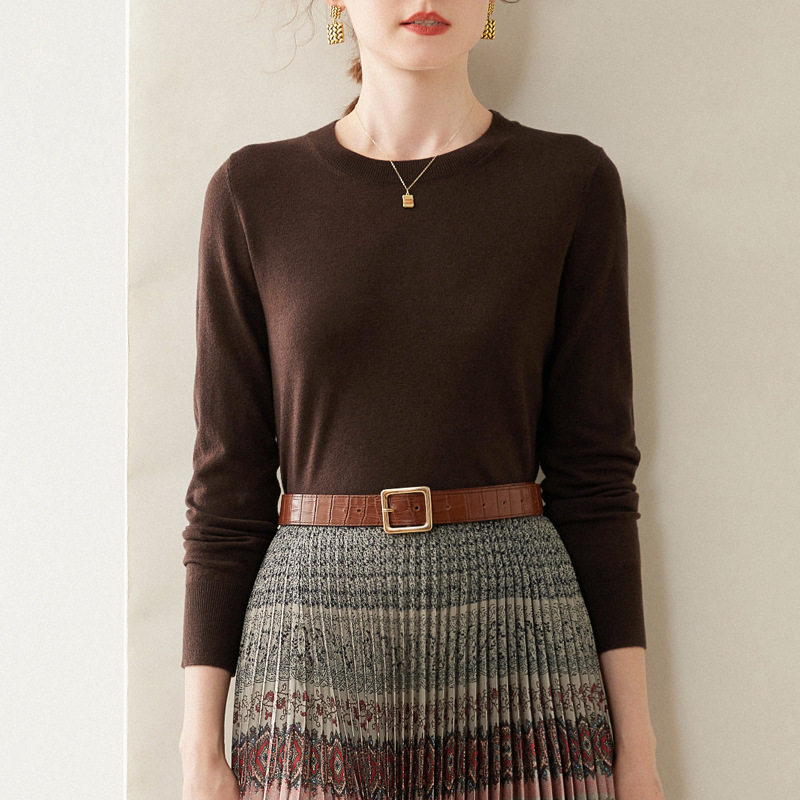 美丽诺精纺超细100纯羊毛衫女士薄款圆领套头毛衣内搭针织打底衫