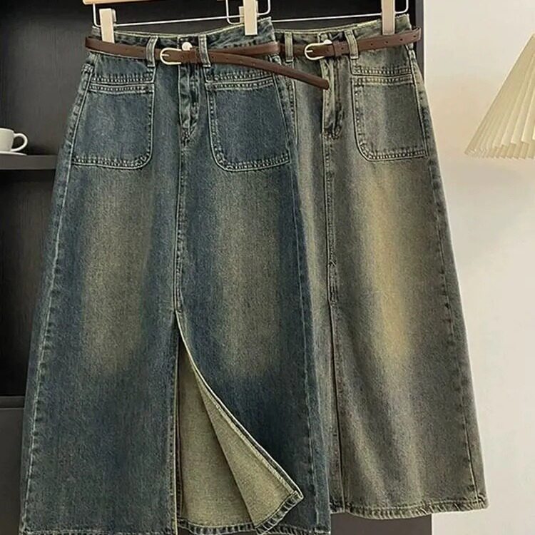 High Waisted A Line Denim Skirt Split Design Mid Length Versatile for Autumn Wholesale Available