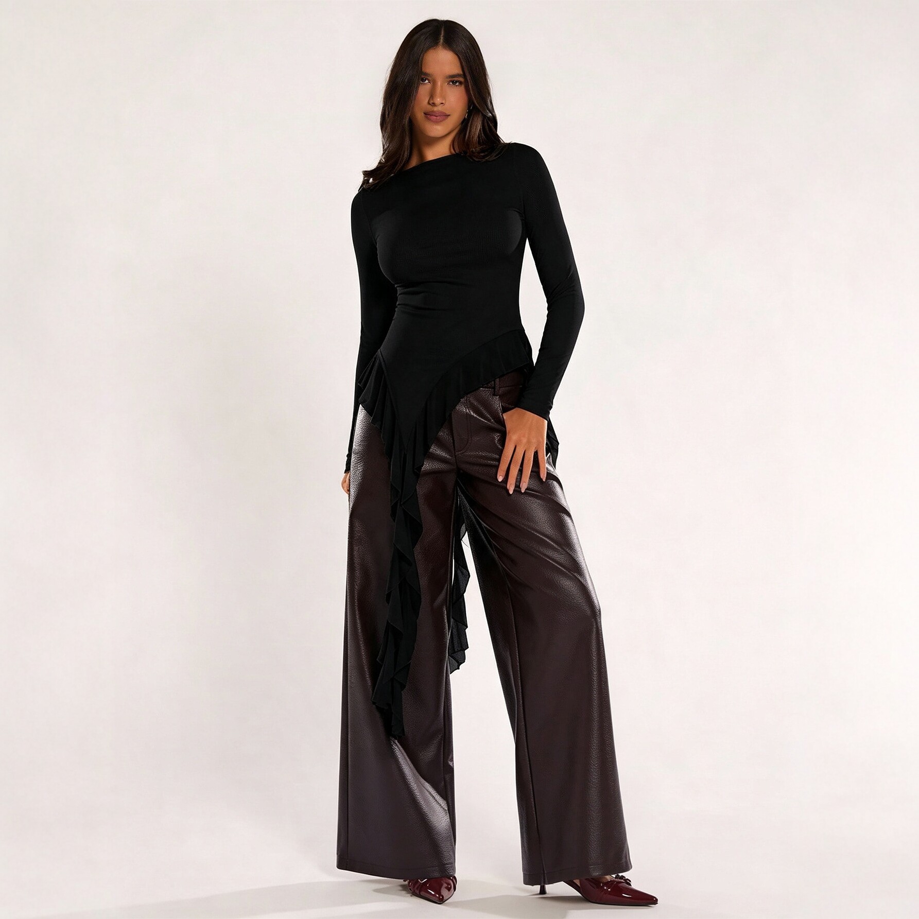 Womens Long Sleeve Top High End Feel Asymmetrical Ruffle Design Off Shoulder Slim Fit Perfect for Casual or Formal