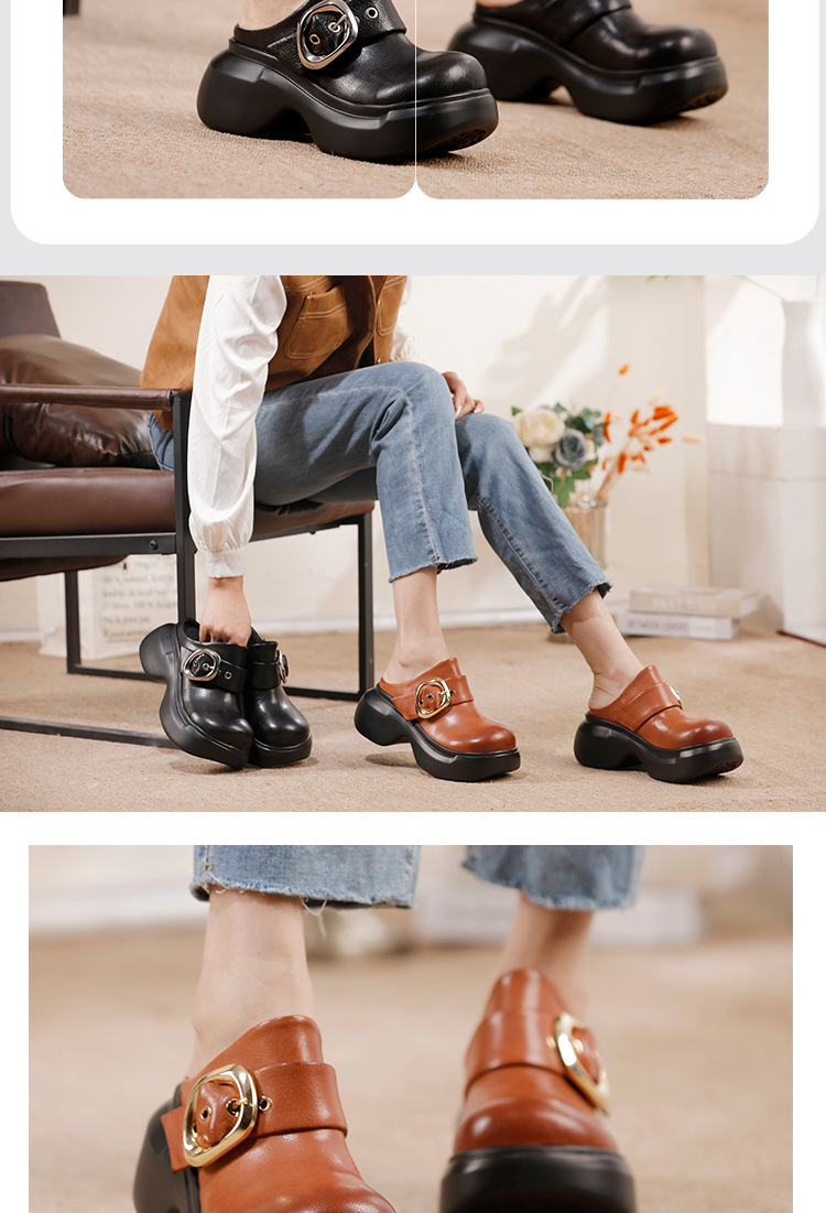Sandal nữ quai ngang bít mũi đế dày da bò thật phong cách cổ điển — màu đen, Màu nâu