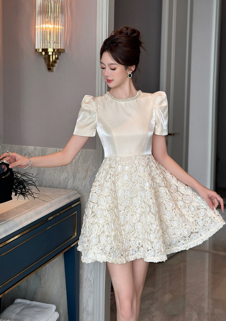 Đầm suông nữ midi tay ngắn cổ tròn chất liệu polyester phong cách phương Tây — [Màu hồng đào] chi tiết 11